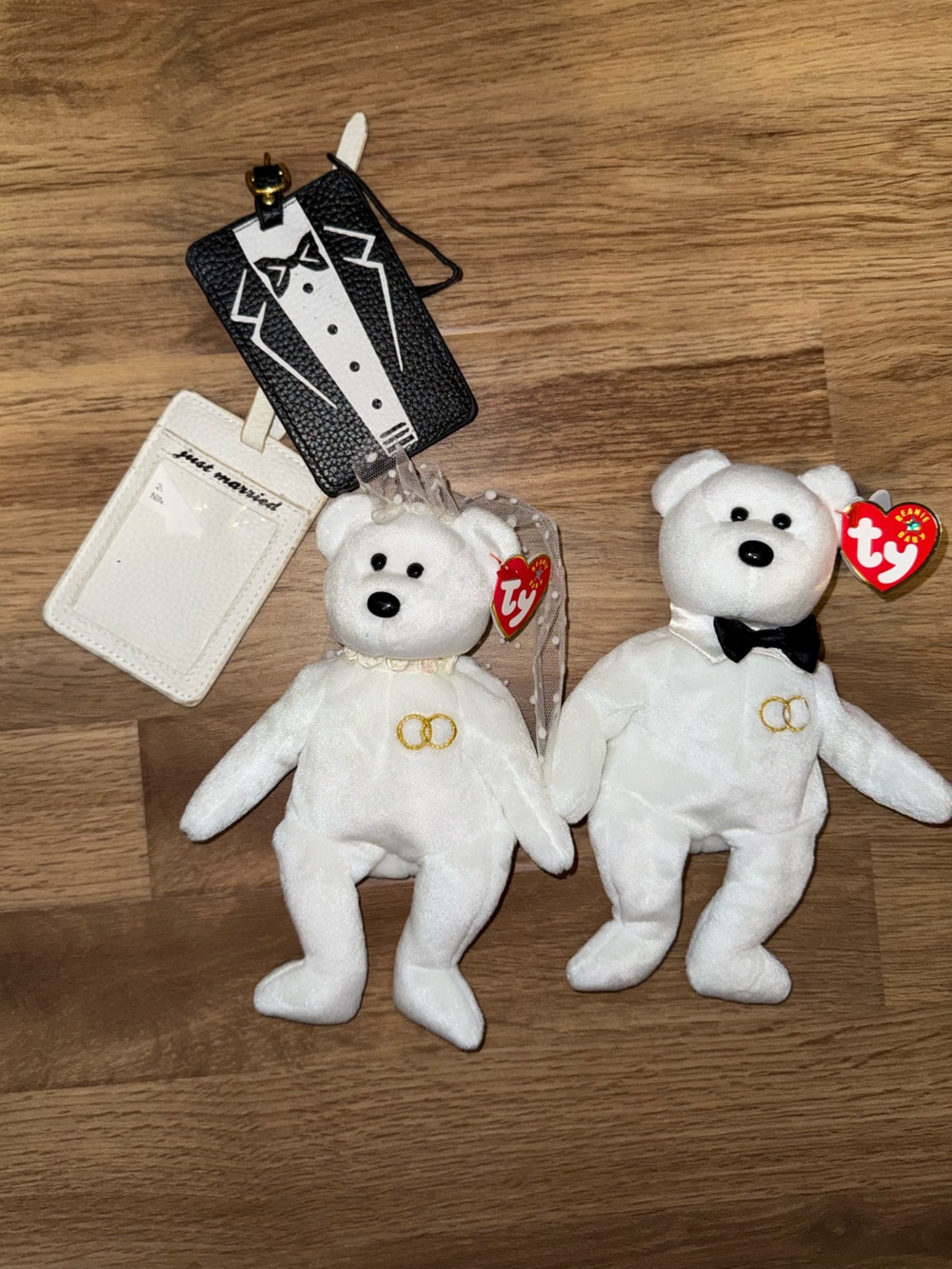 Ty White Beanie Baby Wedding Bear Keychain Pair with Black Tuxedo Cardholder